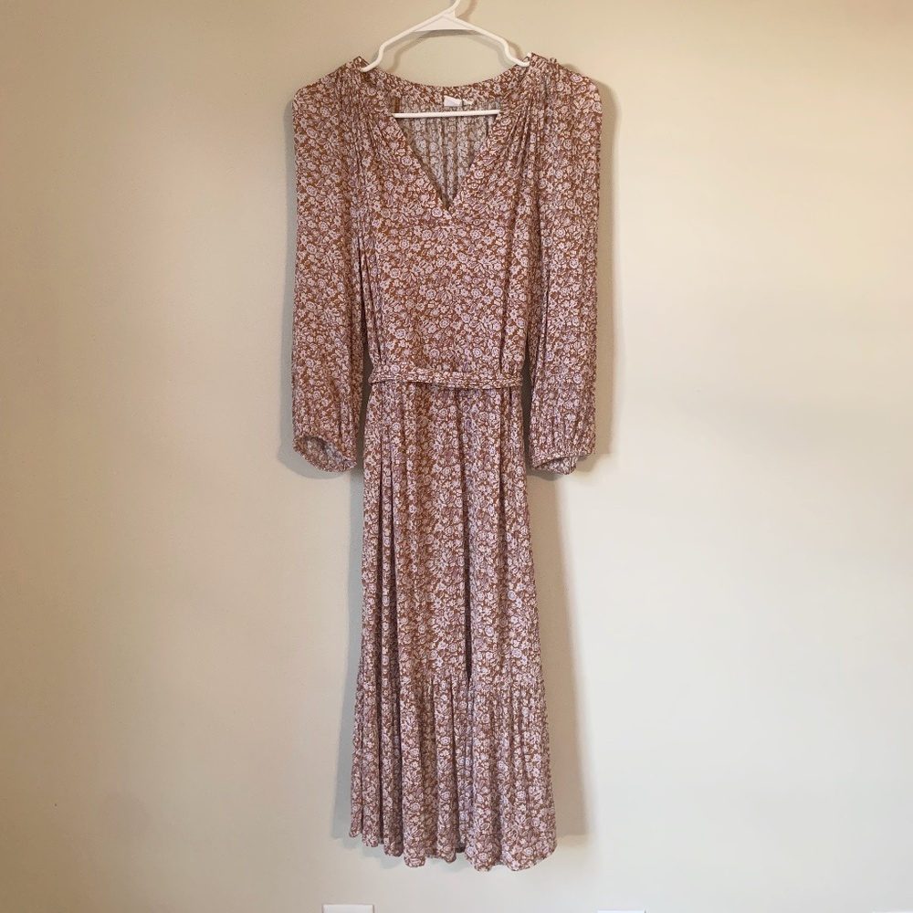 Lovely Tan Gap Midi Long Sleeved Dress with belted tie.